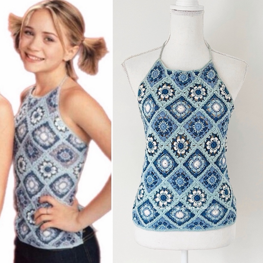 Super Rare Y2K Vintage Blue Floral Halter Knit Top ASO Mary-Kate + Ashley Olsen